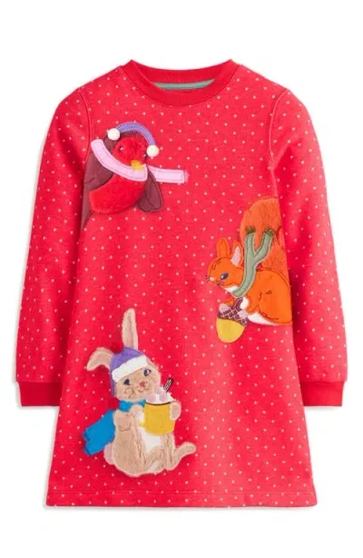 Mini Boden Kids' Ida Critter Appliqué Polka Dot Long Sleeve Graphic Sweatshirt Dress In Rose Pink Pin Spot Animals