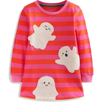 Mini Boden Kids' Ida Stripe Appliqué Ghost Long Sleeve Sweatshirt Dress In Pink Terracott Ghost