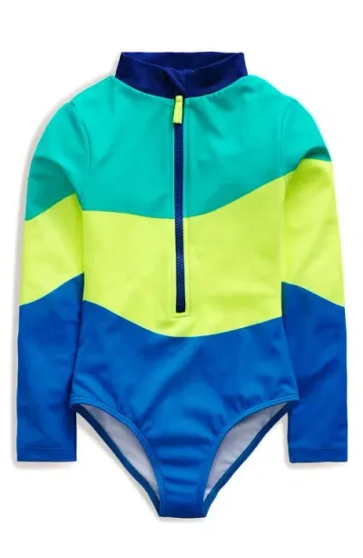 Mini Boden Kids' Long Sleeve One-piece Rashguard Swimsuit In Blue/yellow Colourblock