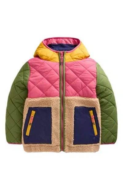 Mini Boden Kids' Mixed Media Hooded Jacket In Pink Multi Colourblock