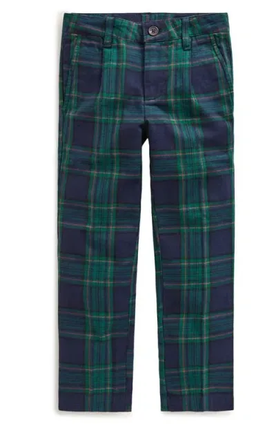 Mini Boden Kids' Plaid Pleat Front Cotton Chinos In Blue/green Check