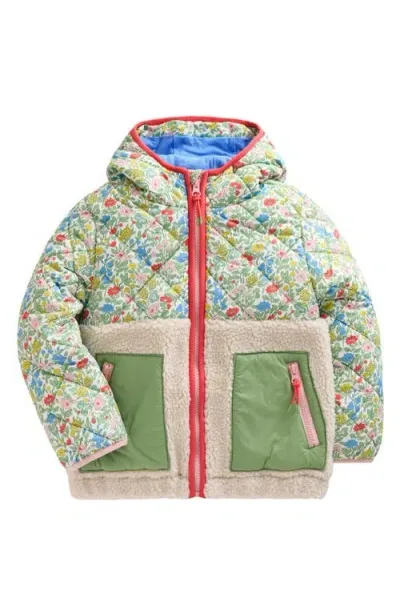 Mini Boden Kids' Quilted Faux Shearling Contrast Puffer Jacket In Multi Meadow Floral