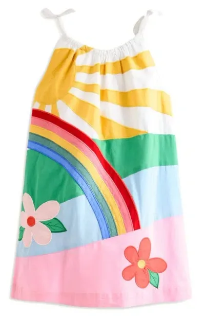 Mini Boden Kids' Rainbow Appliqué Tie Shoulder Cotton Dress In Blue Multi Rainbow Scene