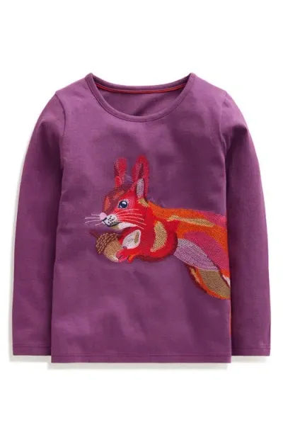 Mini Boden Kids' Squirrel Embroidered Long Sleeve Cotton Graphic T-shirt In Bramble Purple Squirrel