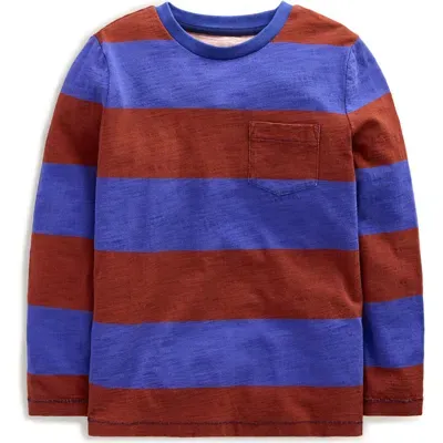 Mini Boden Kids' Stripe Long Sleeve Cotton Pocket T-shirt In Blue/burgandy Stripe