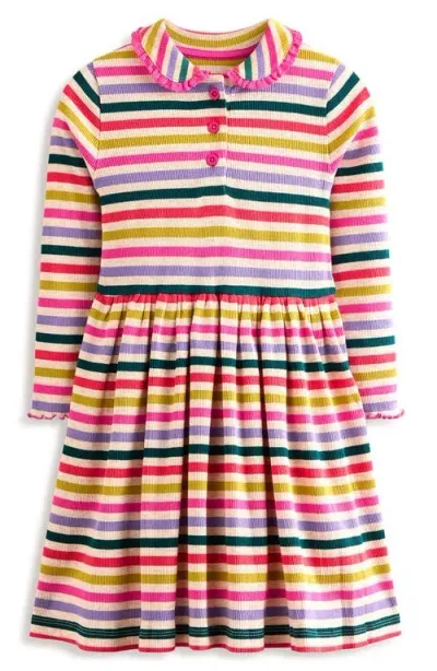 Mini Boden Kids' Stripe Long Sleeve Cotton Rib Dress In Oatmeal Melange Multi Stripe