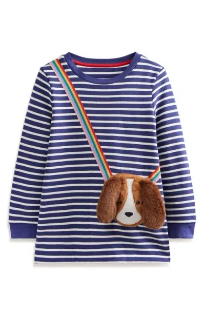 Mini Boden Kids' Stripe Puppy Pocket Appliqué Long Sleeve T-shirt In Blue/ivory Dog