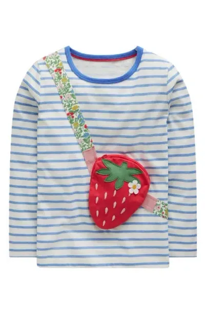 Mini Boden Kids' Stripe Strawberry Pocket Appliqué Long Sleeve Cotton T-shirt In Blue/ivory Strawberry