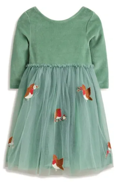 Mini Boden Kids' Velvet & Tulle Appliqué Party Dress In Eucalyptus Robins