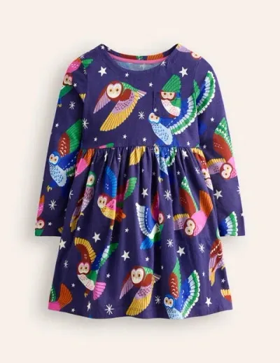 Mini Boden Kids' Long-sleeved Fun Jersey Dress College Navy Owls Girls Boden