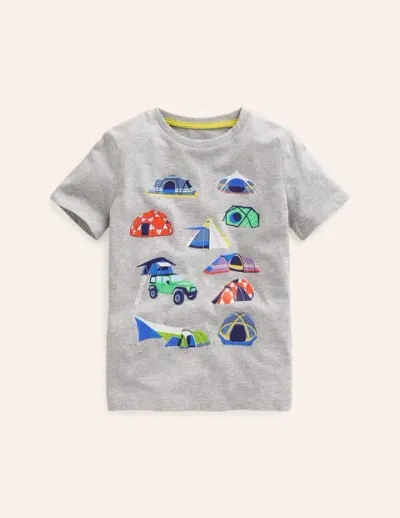 Mini Boden Kids' Printed Tents T-shirt Grey Marl Tents Boys Boden