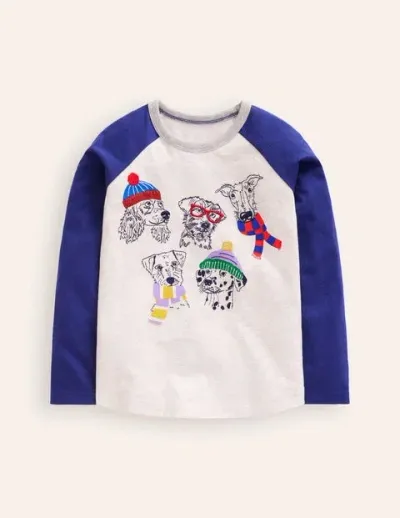 Mini Boden Kids' Stitch Logo T-shirt Oatmeal Marl Dogs Boys Boden