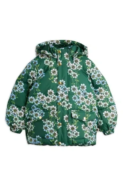 Mini Rodini Kids' Daisy Print Hooded Puffer Jacket In Green