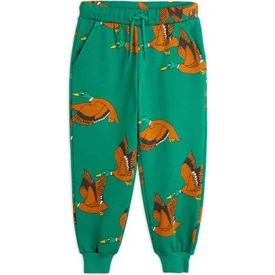 Mini Rodini Kids' Ducks Allover Print Organic Cotton Joggers In Green