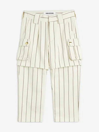 Mini Rodini Striped Cotton Cargo Pants In Ivory