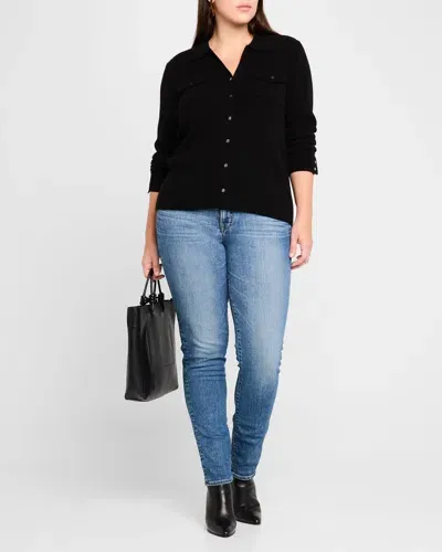 Minnie Rose Plus Size Ribbed Cashmere Button-down Shirt In Black