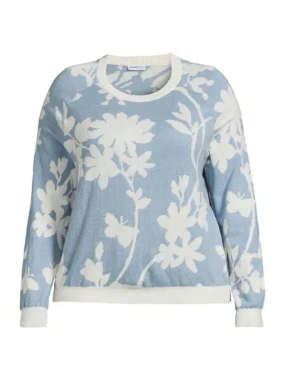 Minnie Rose Women's Floral Cotton-blend Crewneck Sweater In Fresco Blue Starch