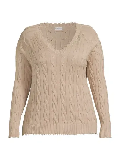 Minnie Rose Cotton Cable Plus Vneck Frayed Edge Sweater In Brown Sugar