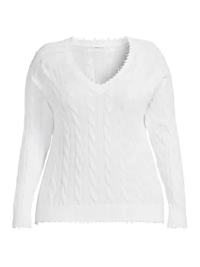 Minnie Rose Cotton Cable Long Sleeve V-neck With Frayed Edges Sweater In White