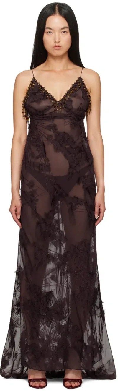 Mirror Palais Brown Feather Bias Maxi Dress In Soil