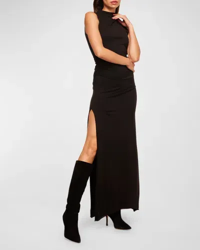 Misa Athena Sleeveless Side-slit Maxi Bodycon Dress In Black