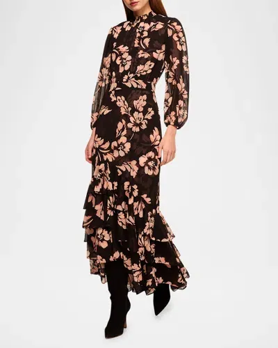 Misa Aubrey Tiered Ruffle Floral Chiffon Maxi Dress In Auric Flora