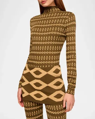 Misa River Mock-neck Printed Long-sleeve Top In Olive Geo Stripe