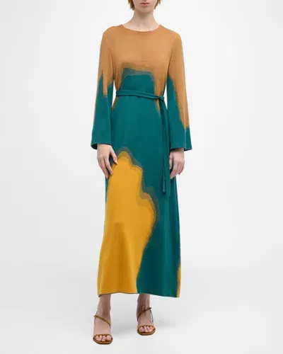 Misook Abstract Jacquard Knit Maxi Dress In Spruce/ochre/copper