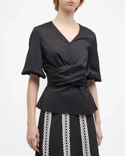 Misook Crossover Puff-sleeve Peplum Blouse In Black