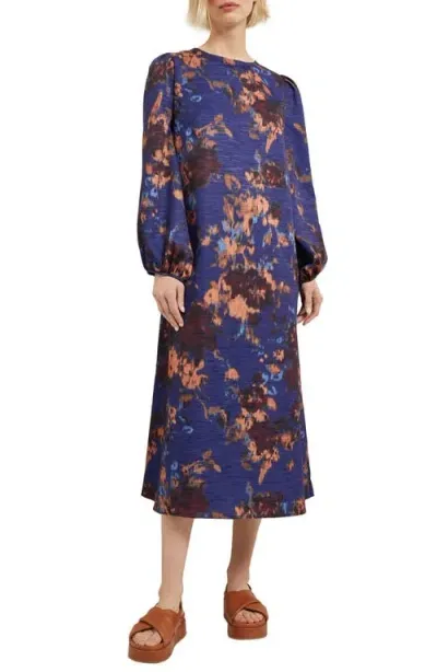 Misook Long Sleeve Woven Maxi Dress In Stary Night Blue/multi