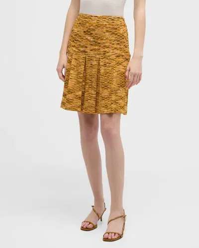 Misook Pleated A-line Tweed Knit Mini Skirt In Ochre/black/copper/new Ivory