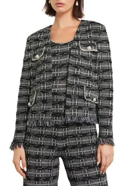 Misook Rhinestone Accent Fringed Tweed Jacket In Black/new Ivory