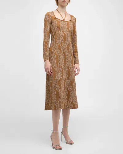 Misook Ribbed Floral Jacquard Knit Midi Dress In Copper/new Ivory