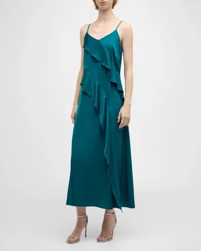 Misook Ruffle Charmeuse Crepe De Chine Maxi Dress In Spruce