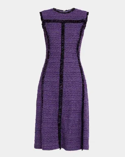 Misook Sleeveless Fringe-trim Tweed Dress In Plum Royal/black