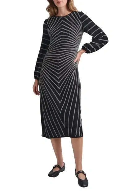 Misook Soft Stripe Long Sleeve Melangé Knit A-line Dress In Black/new Ivory