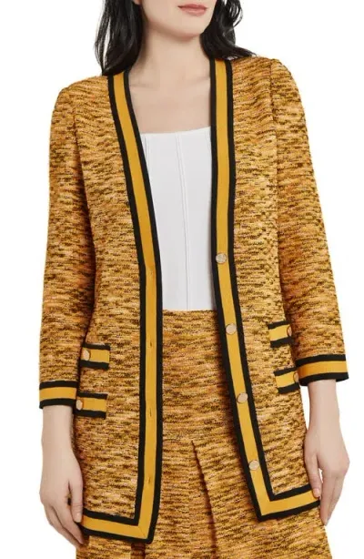 Misook Tailored Button-down Tweed Knit Jacket In Ochre/black/copper/new Ivory