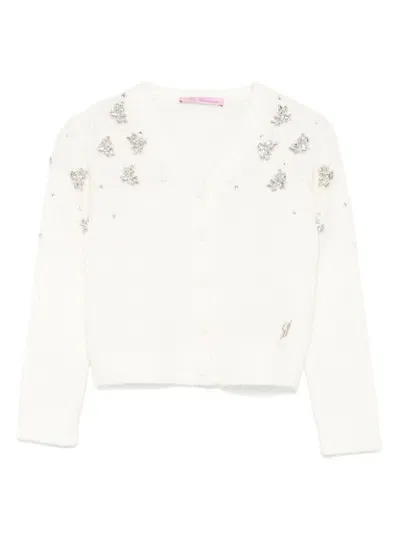 Miss Blumarine Kids' Crystal-embellished Cardigan In Neutrals