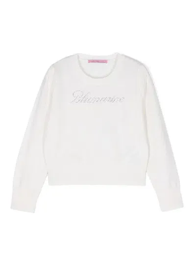 Miss Blumarine Kids' Crystal-embellished Logo Sweater In White