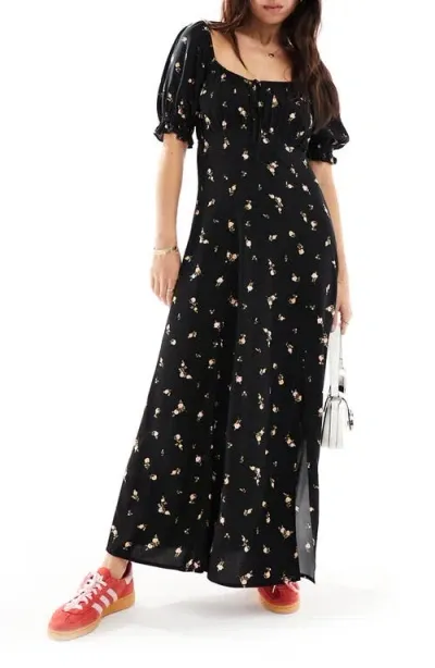 Miss Selfridge Floral Puff Sleeve Maxi Dress In Black