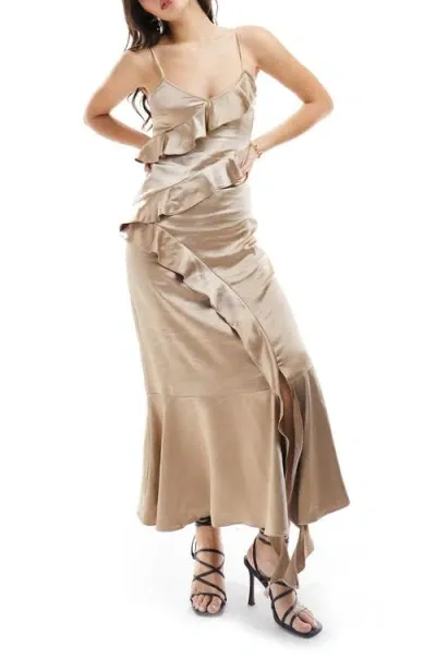 Miss Selfridge Satin Ruffle Cami Maxi Dress In Neutral