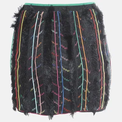 Pre-owned Missoni Black Stripe Lurex Knit Fringed Mini Skirt S