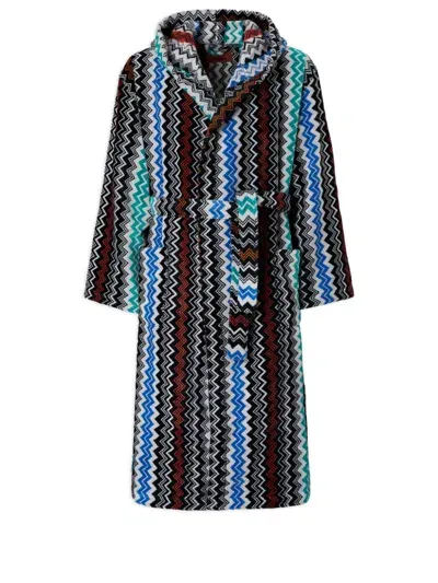 Missoni Black Zigzag Cotton Terry Bathrobe In Blue