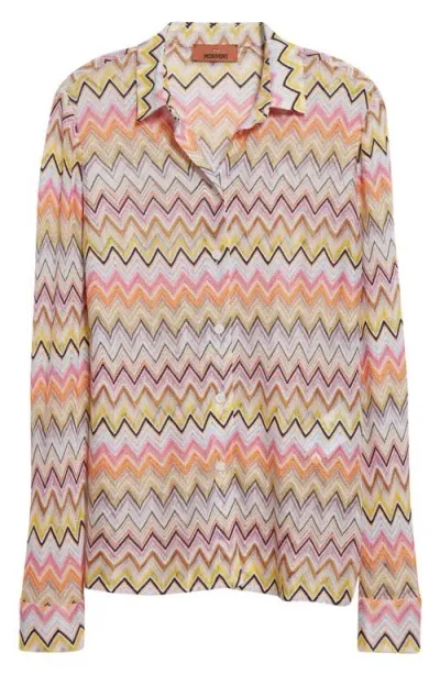 Missoni Chevron Long Sleeve Button-up Shirt In Multi Pink Orange Beige