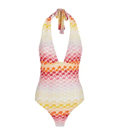 Missoni Knitted Halterneck Swimsuit In Red