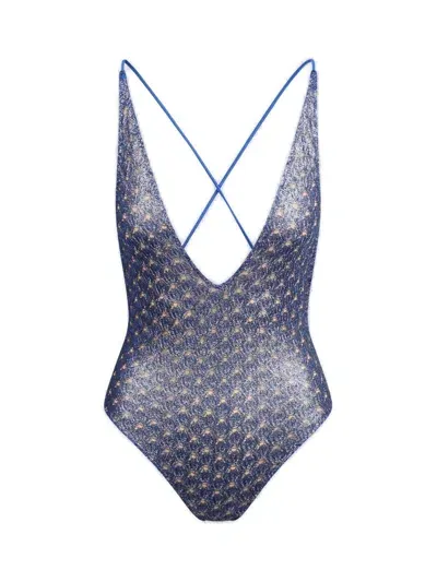 Missoni Crochet Lurex One Piece Swimsuit In Blue,silver