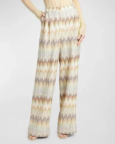 Missoni Metallic Chevron Pleated Straight-leg Trousers In Grn Beige Brn