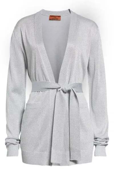 Missoni Metallic Knit Belted Cardigan In Silver