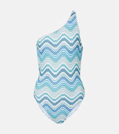 Missoni Printed One-shoulder Swimsuit In Blue