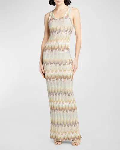 Missoni Scoop-neck Sleeveless Metallic Chevron Knit Maxi Dress In Grn Beige Brn